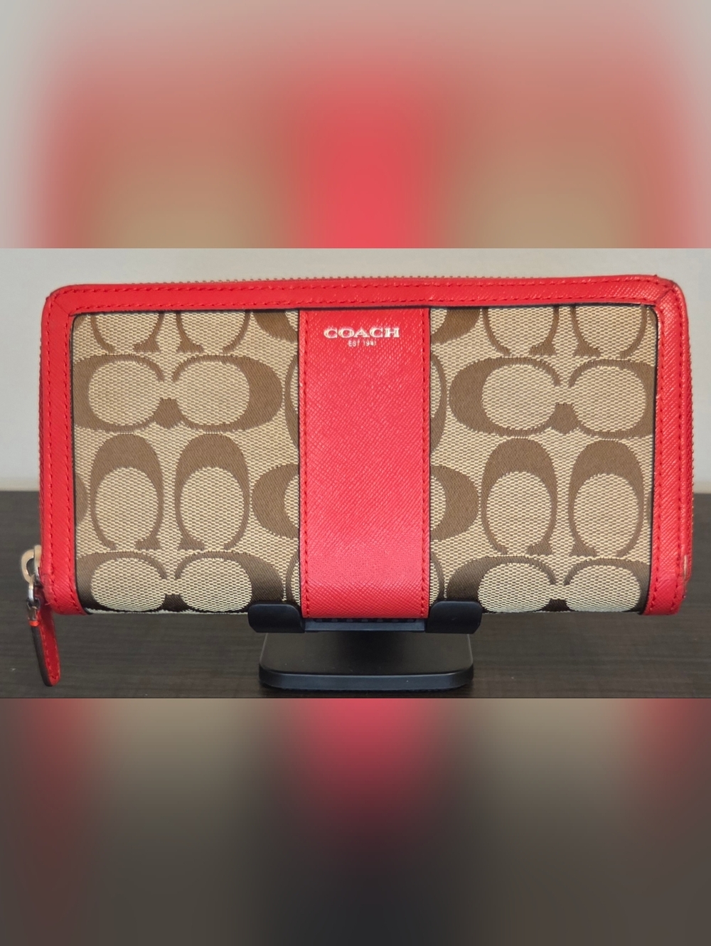 Coach Signature Canvas Zip Around Wallet Red Leather Trim Accordion Long Wallet